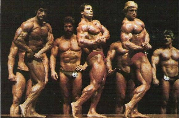 Danny Padilla, Franco Columbu and Tom Platz at the 1981 Mr. Olympia